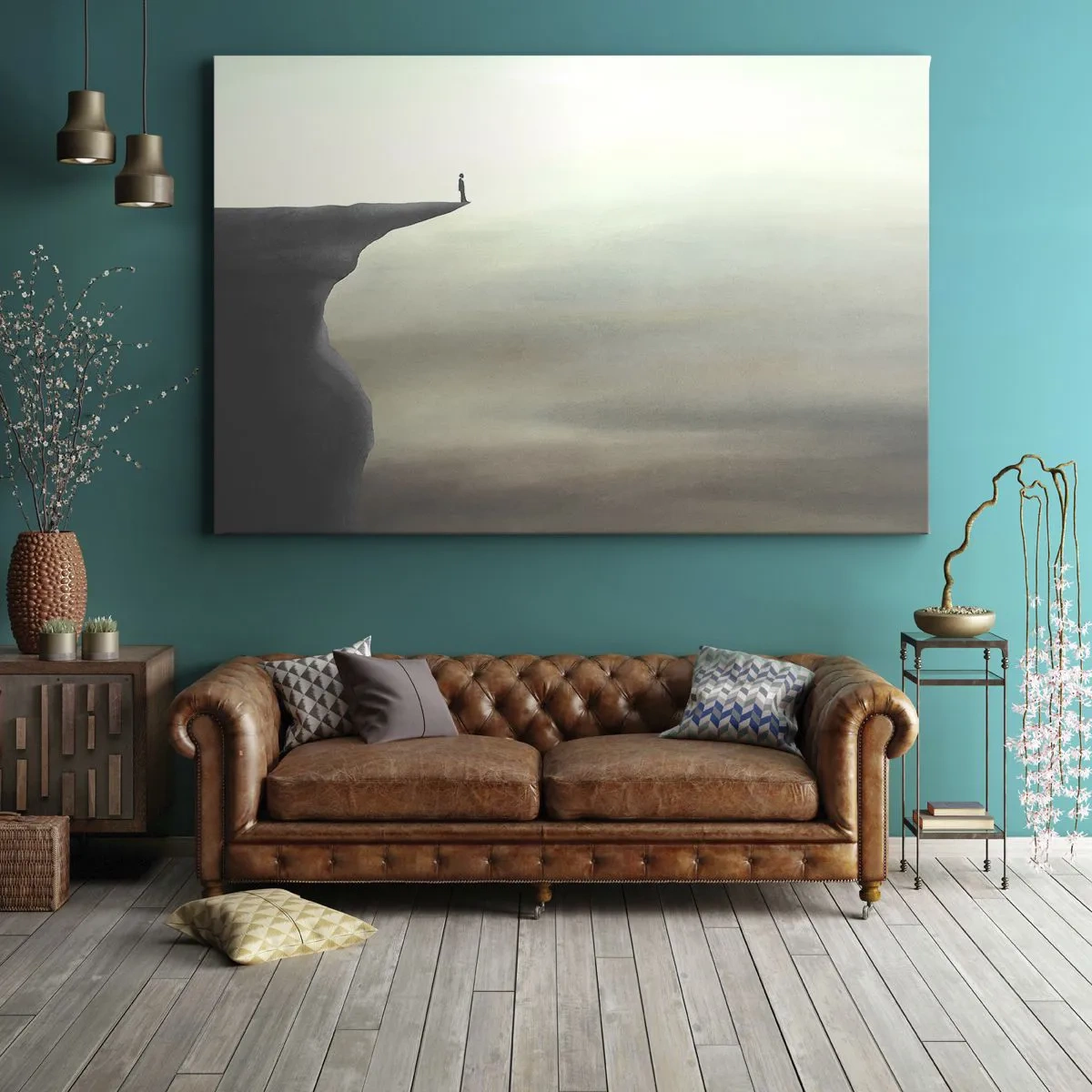 Impression sur toile - Image sur toile - Silhouette d'une figure au bord d'une falaise dans un paysage brumeux - 100x70cm - Tout en haut, bien entendu! - Décoration murale moderne pour le salon et la chambre ARTTOR