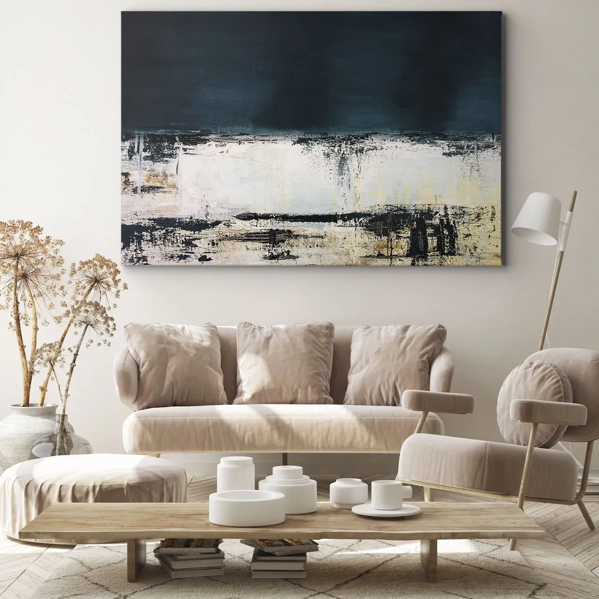 Impression sur toile - Image sur toile - Composition horizontale abstraite dans les tons bleu marine et blanc - 120x80cm - Composition horizontale - Décoration murale moderne pour le salon et la chambre ARTTOR