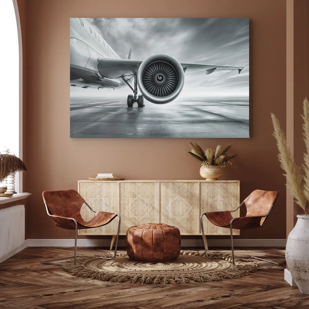 Impression sur toile - Image sur toile - Le réacteur d'un avion sur le tarmac - 120x80cm - Sent la force! - Décoration murale moderne pour le salon et la chambre ARTTOR