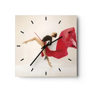 Horloge murale - Pendule murale - Une danseuse dynamique en tenue noire et tissu rouge en mouvement. - 30x30cm - Rouge et noir - Décoration murale moderne pour le salon et la chambre ARTTOR