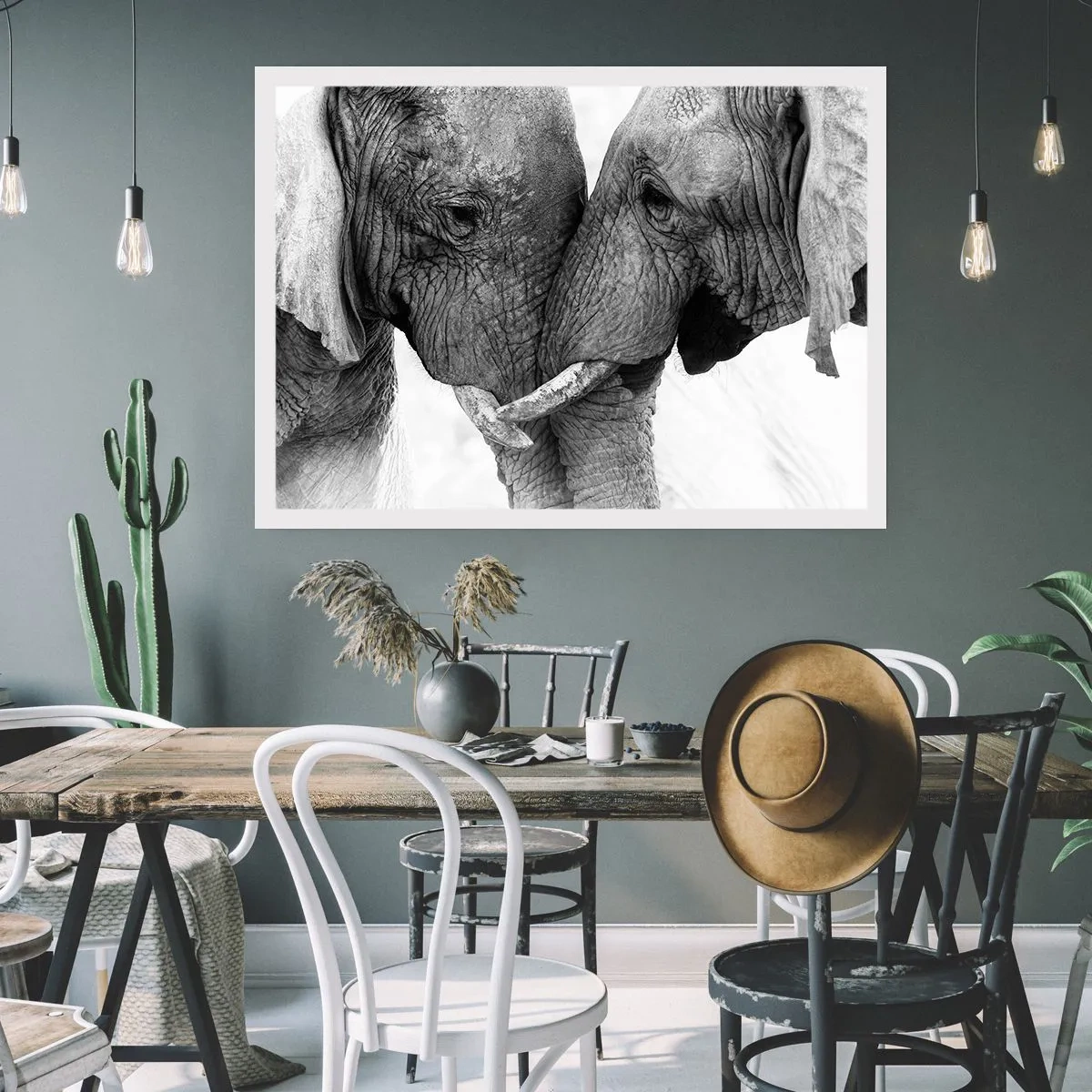 Affiche - Poster - Deux éléphants dans un geste tendre sur un fond monochrome - 100x70cm - Confession sincère - Décoration murale moderne pour le salon et la chambre ARTTOR