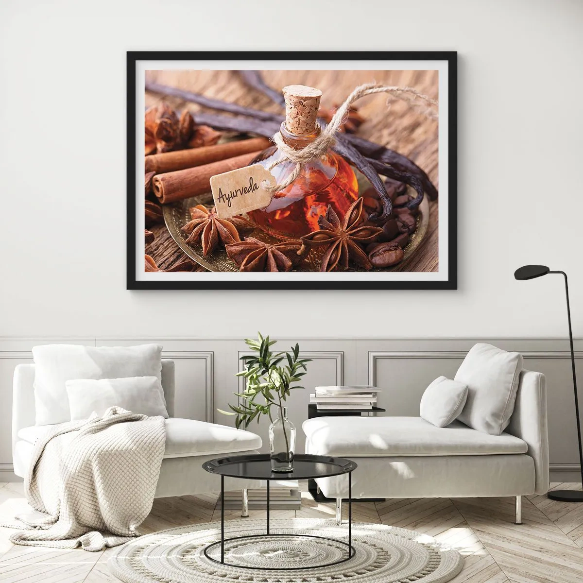 Affiche dans un cadre noir - Poster - Une bouteille d'huile d'épices sur un plateau - 70x50cm - Vers l'unité du corps et de l'esprit - Décoration murale moderne pour le salon et la chambre ARTTOR