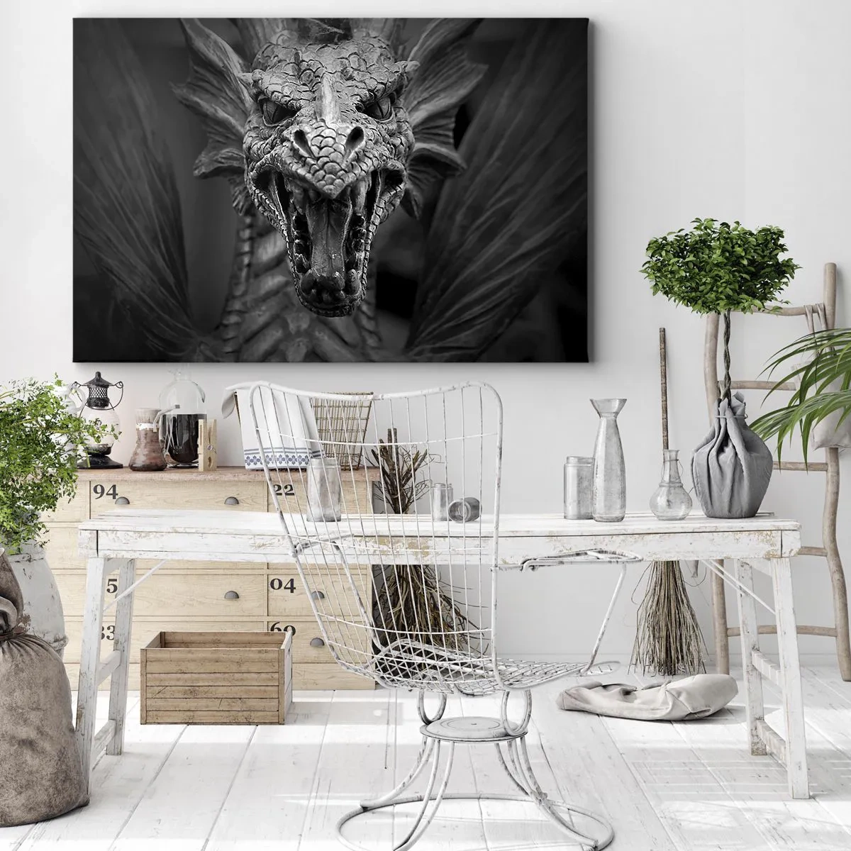 Impression sur toile - Image sur toile - Une tête de dragon menaçante en noir et blanc avec des détails expressifs. - 120x80cm - Un dragon imaginaire grisâtre - Décoration murale moderne pour le salon et la chambre ARTTOR