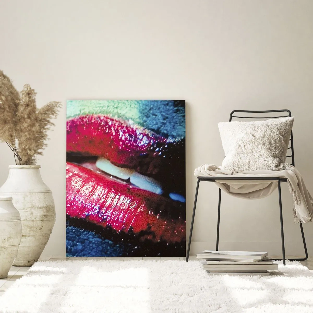 Impression sur verre - Image sur verre - Gros plan de lèvres colorées et brillantes sur un fond artistique - 80x120cm - Sensuel et dérangeant - Décoration murale moderne pour le salon et la chambre ARTTOR