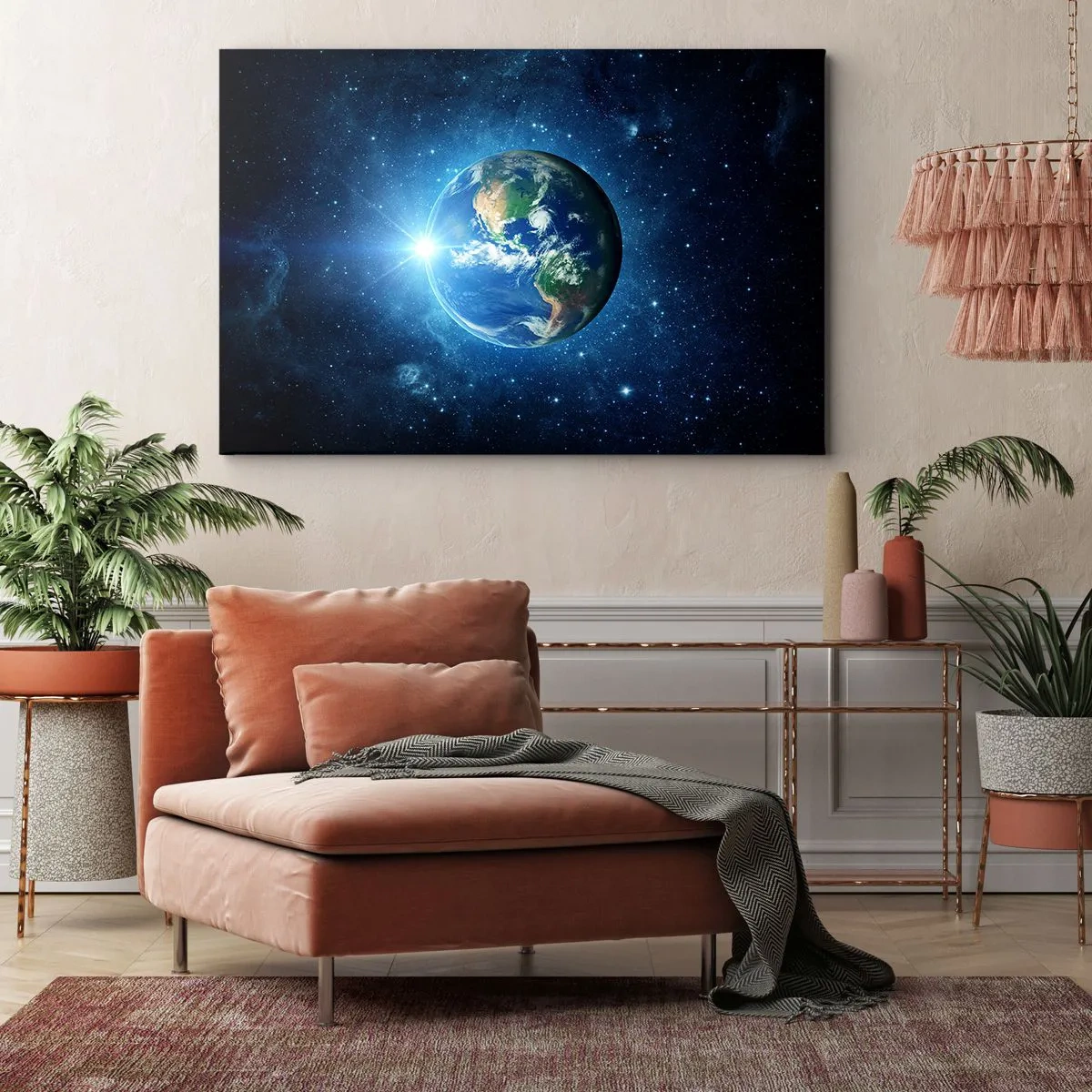 Impression sur toile - Image sur toile - La Terre dans l'espace entourée d'étoiles et de lumière - 70x50cm - Nous sommes au paradis - Décoration murale moderne pour le salon et la chambre ARTTOR