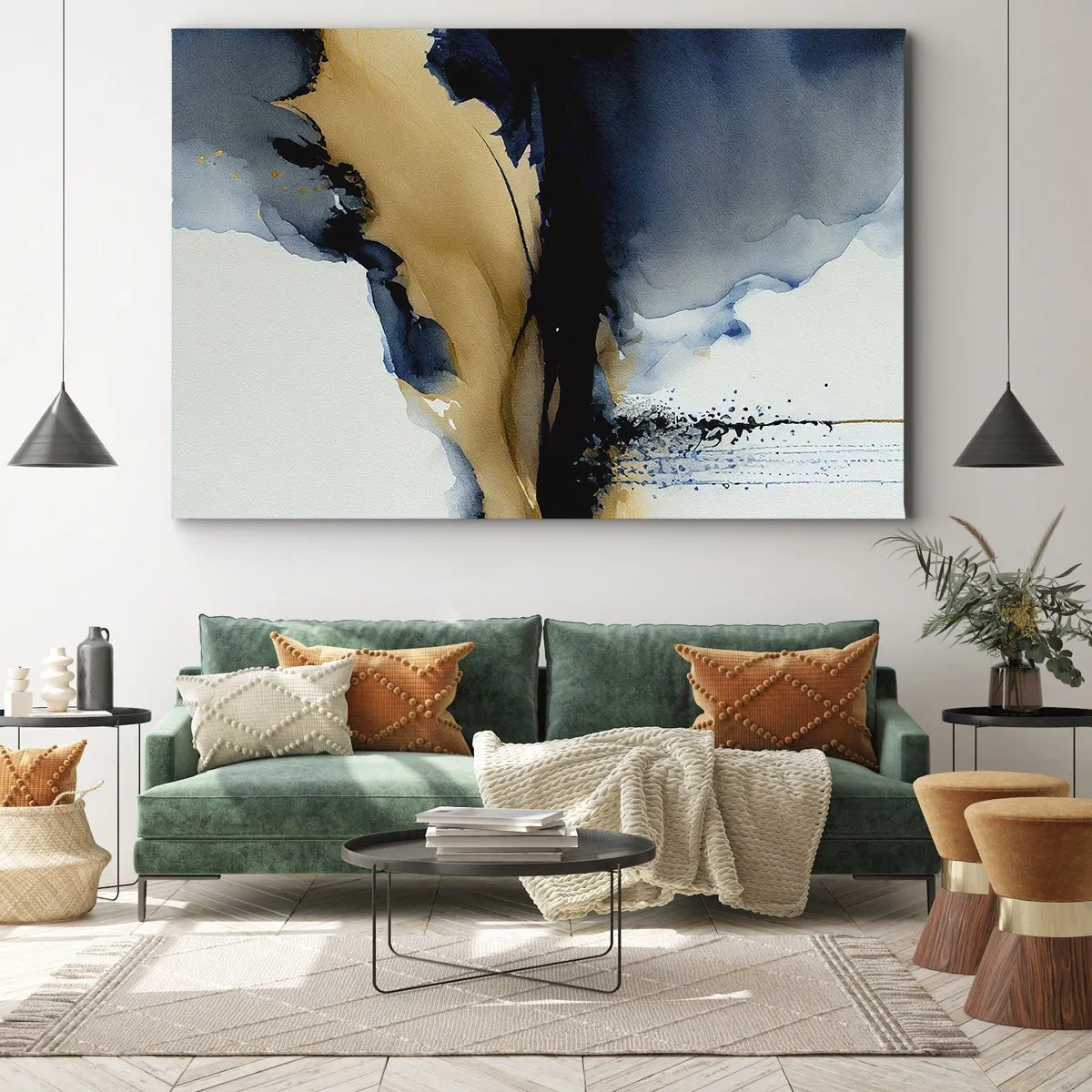 Impression sur toile - Image sur toile - Une composition abstraite dans les tons bleu marine et or - 120x80cm - Derrière le rideau - Décoration murale moderne pour le salon et la chambre ARTTOR