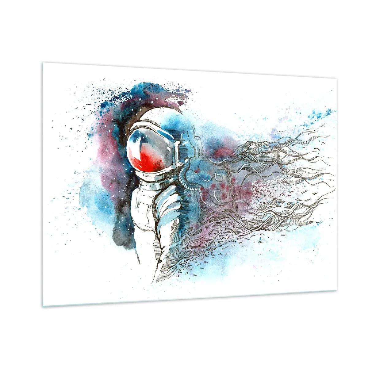 Impression sur verre - Image sur verre - Astronaute dans un décor spatial aquarelle dynamique - 100x70cm - Seul avec l'espace - Décoration murale moderne pour le salon et la chambre ARTTOR