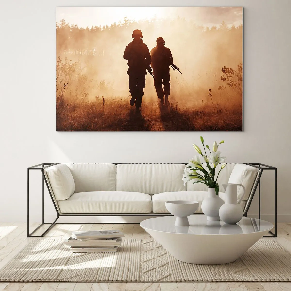 Impression sur verre - Image sur verre - Deux soldats en action sur fond de soleil couchant - 70x50cm - Call of Duty - Décoration murale moderne pour le salon et la chambre ARTTOR