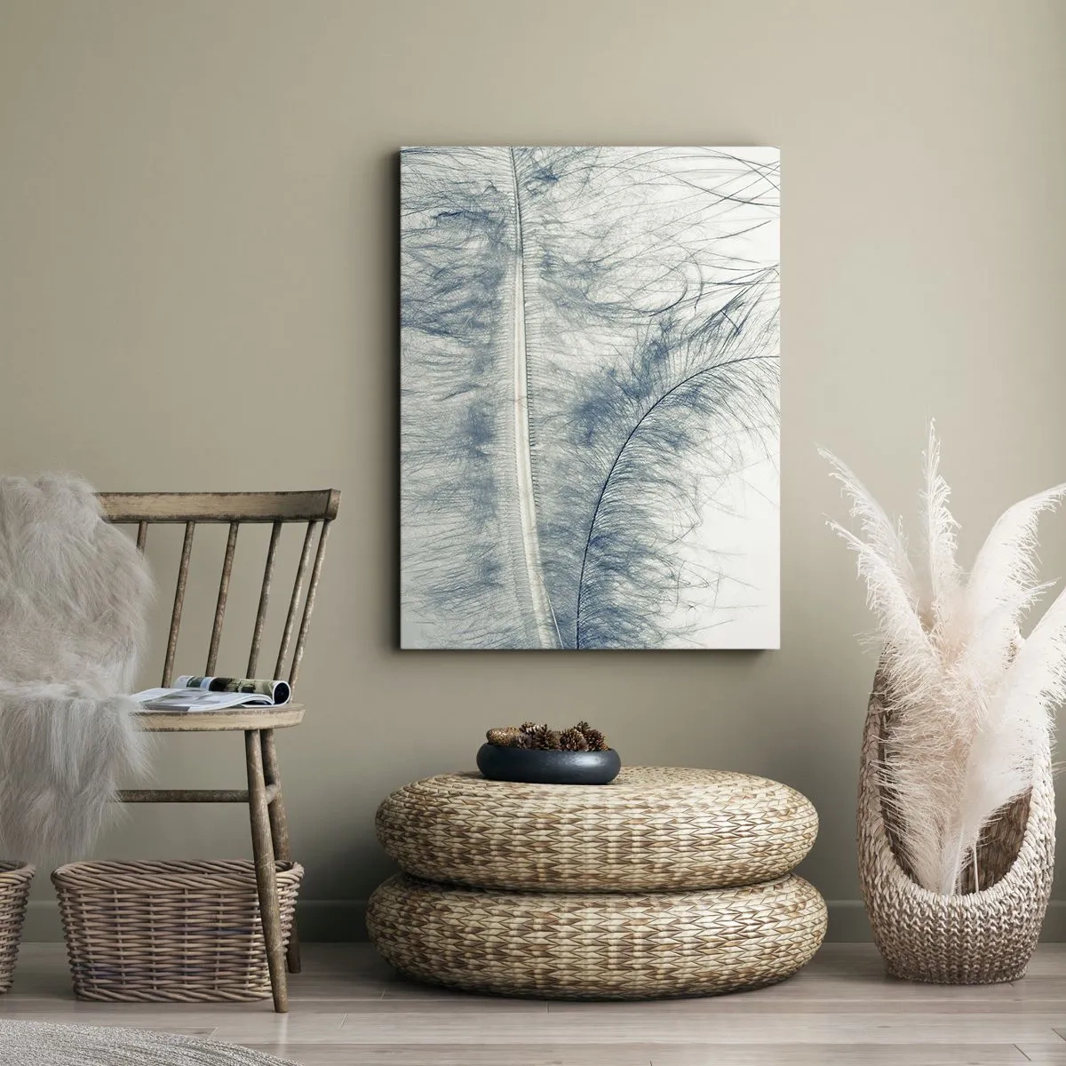 Impression sur toile - Image sur toile - Une plume délicate aux tons pastel sur fond clair - 50x70cm - Les sept natures - Décoration murale moderne pour le salon et la chambre ARTTOR