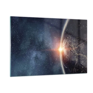 Impression sur verre - Image sur verre - La Terre illuminée par les rayons du soleil dans l'espace - 120x80cm - Dans une nouvelle perspective - Décoration murale moderne pour le salon et la chambre ARTTOR