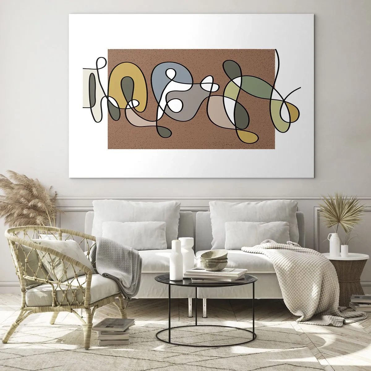 Impression sur verre - Image sur verre - Abstraction colorée avec une ligne noire sur un fond marron - 70x50cm - Une abstraction qui mérite le sourire - Décoration murale moderne pour le salon et la chambre ARTTOR