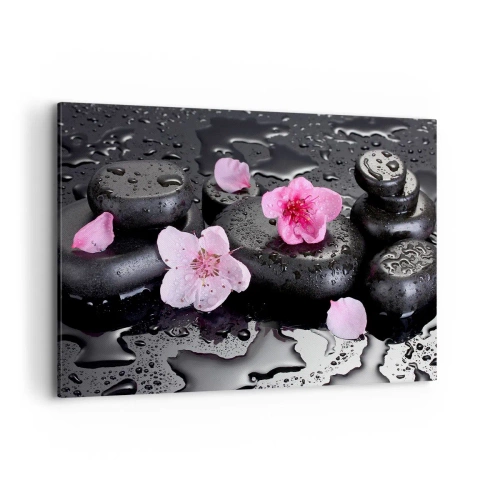 Impression sur toile - Image sur toile - Pierres noires et fleurs roses style spa - 100x70cm - Et le cœur s'allège soudainement - Décoration murale moderne pour le salon et la chambre ARTTOR