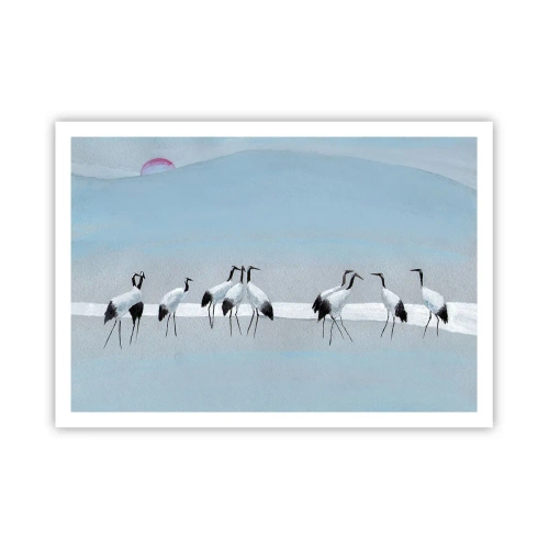 Affiche - Poster - Un groupe de grues contre un ciel bleu et le soleil levant - 100x70cm - Après une chaude journée - Décoration murale moderne pour le salon et la chambre ARTTOR