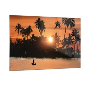 Impression sur verre - Image sur verre - Paysage tropical avec palmiers et coucher de soleil sur la rivière - 120x80cm - Il est temps de se détendre - Décoration murale moderne pour le salon et la chambre ARTTOR