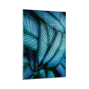 Impression sur verre - Image sur verre - Un gros plan de feuilles turquoise avec des détails vifs. - 70x100cm - Lignes de vie - Décoration murale moderne pour le salon et la chambre ARTTOR