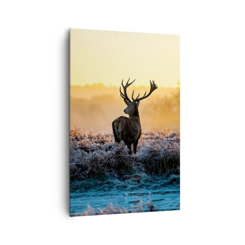 Impression sur toile - Image sur toile - Un cerf dans une clairière gelée au lever du soleil - 80x120cm - Couronné pour sa succession - Décoration murale moderne pour le salon et la chambre ARTTOR