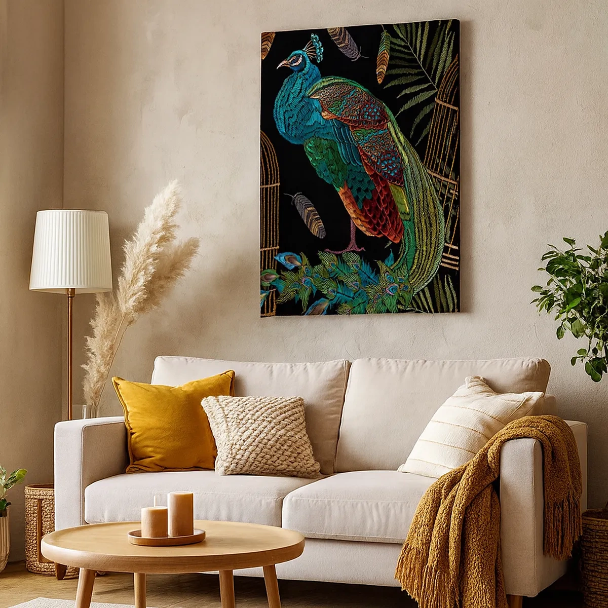 Impression sur toile - Image sur toile - Paons à côté d'une cage dorée sur fond noir - 50x70cm - En robes royales - Décoration murale moderne pour le salon et la chambre ARTTOR