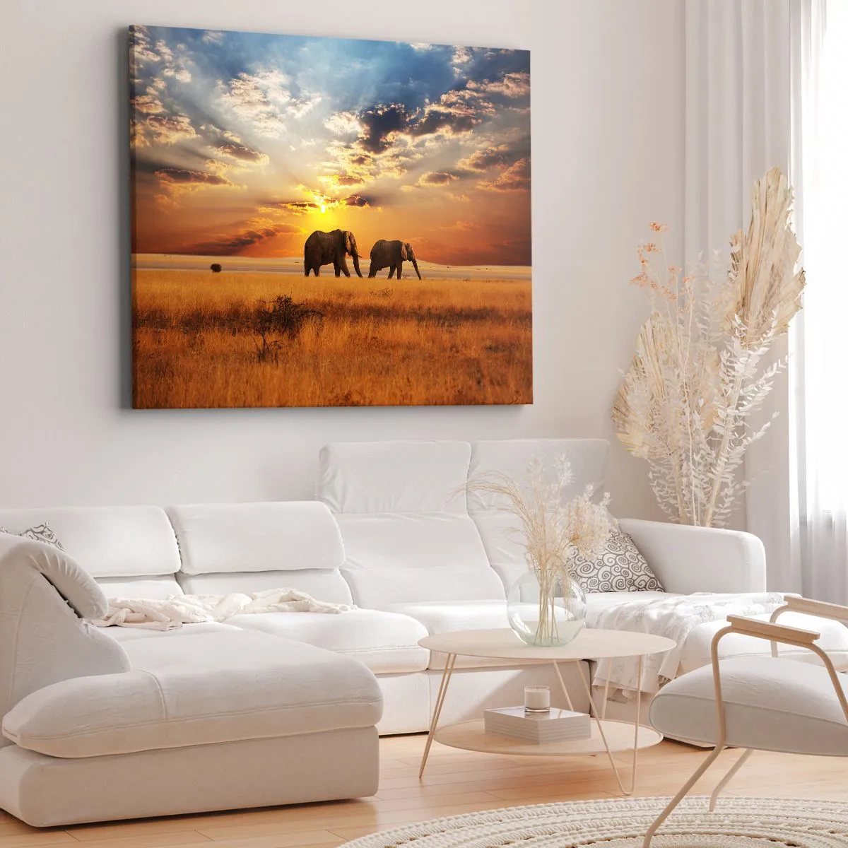 Impression sur toile - Image sur toile - Éléphants dans la savane au coucher du soleil - 100x70cm - Déambulation familliale - Décoration murale moderne pour le salon et la chambre ARTTOR