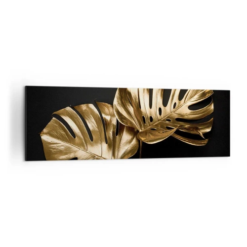 Impression sur toile - Image sur toile - Feuilles de monstera dorées sur fond noir - 160x50cm - Les trésors de la nature - Décoration murale moderne pour le salon et la chambre ARTTOR