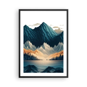Affiche dans un cadre noir - Poster - Paysage de montagne stylisé avec un lac dans des tons de bleu - 50x70cm - Paysage de montagne parfait - Décoration murale moderne pour le salon et la chambre ARTTOR