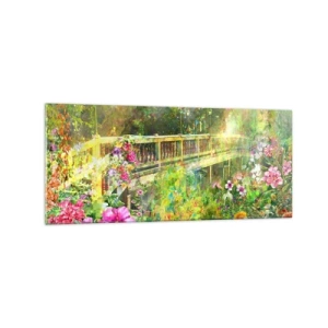 Impression sur verre - Image sur verre - Un pont entouré d'une végétation luxuriante et de fleurs - 120x50cm - Le soupire d'un pont de printemps - Décoration murale moderne pour le salon et la chambre ARTTOR