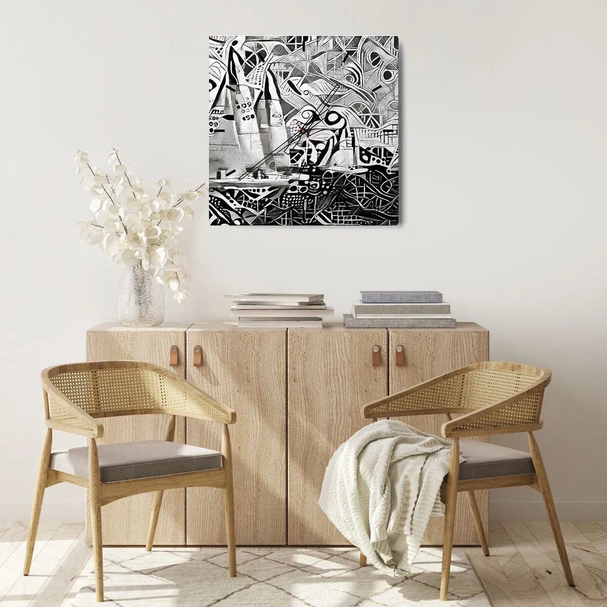 Horloge murale - Pendule murale - Voiliers abstraits dans une composition monochrome - 30x30cm - Entre les vagues - Décoration murale moderne pour le salon et la chambre ARTTOR
