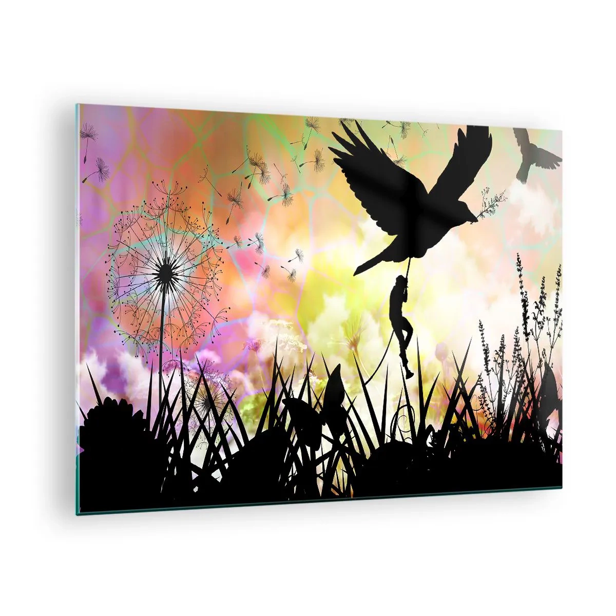 Impression sur verre - Image sur verre - Illustration d'une figure grimpant sur un oiseau sur un fond de fleurs colorées. - 70x50cm - Dans une ambiance de conte de fées - Décoration murale moderne pour le salon et la chambre ARTTOR