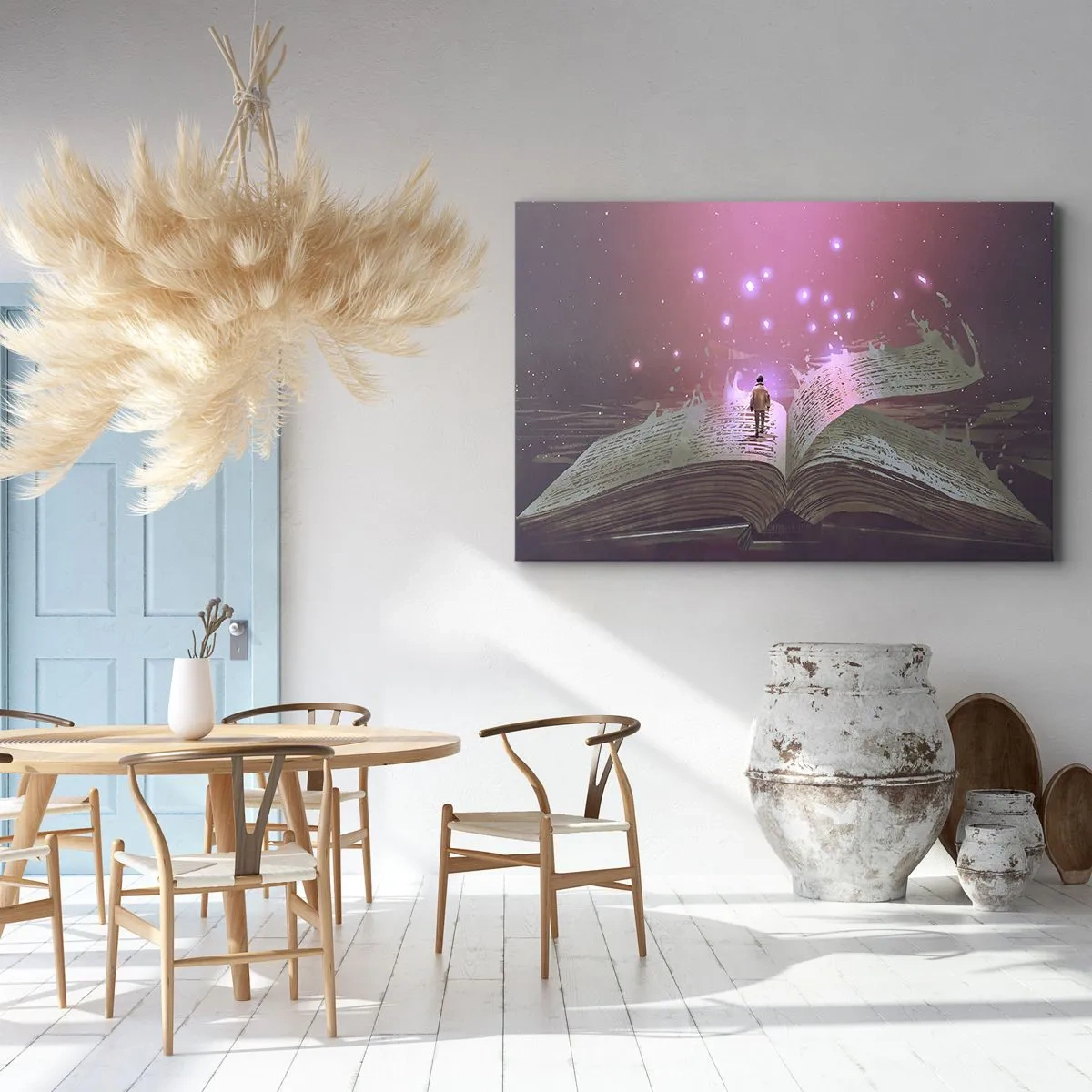 Impression sur toile - Image sur toile - Une silhouette marche sur un livre ouvert dans une lumière magique. - 70x50cm - Invitation à un autre monde - lisez ! - Décoration murale moderne pour le salon et la chambre ARTTOR