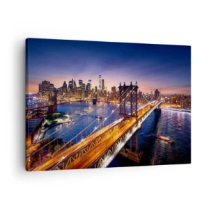 Impression sur toile - Image sur toile - Le pont et le panorama de la ville au coucher du soleil - 70x50cm - Un pont lumineux au cœur de la ville - Décoration murale moderne pour le salon et la chambre ARTTOR