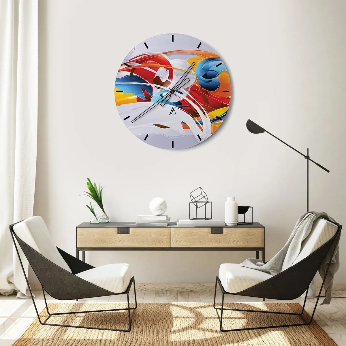 Horloge murale - Pendule murale - Formes abstraites aux couleurs dynamiques rouge, bleu et jaune - 30x30cm - La danse des éléments - Décoration murale moderne pour le salon, la cuisine et la chambre ARTTOR