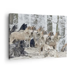 Impression sur toile - Image sur toile - Une meute de loups dans la forêt d'hiver - 70x50cm - Famille et amis - Décoration murale moderne pour le salon et la chambre ARTTOR