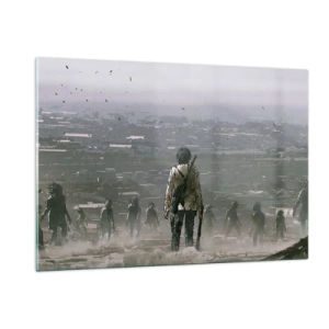 Impression sur verre - Image sur verre - Une silhouette avec un fusil dans le décor sombre d'un groupe qui s'approche - 120x80cm - Dernier samaritain ? - Décoration murale moderne pour le salon et la chambre ARTTOR