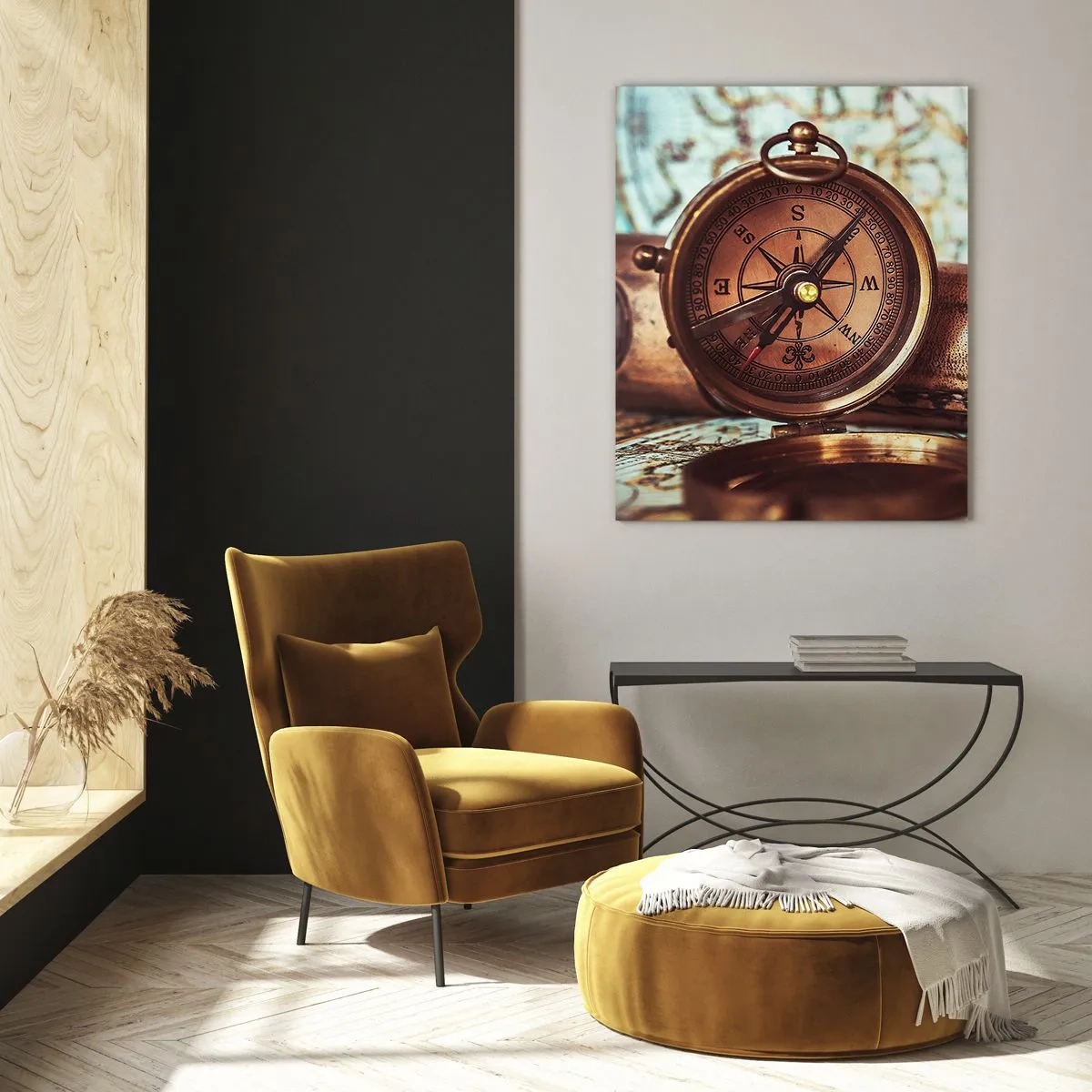 Impression sur verre - Image sur verre - Un ensemble rétro avec une boussole, un télescope et une carte sur le thème du voyage - 80x120cm - Une aventure de pirates dans les Caraïbes vous attend - Décoration murale moderne pour le salon et la chambre ARTTO