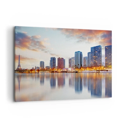 Impression sur toile - Image sur toile - Panorama des bâtiments modernes et de la Tour Eiffel au-dessus de l'eau - 100x70cm - La tranquillité monumentale de Paris - Décoration murale moderne pour le salon et la chambre ARTTOR