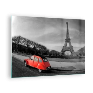 Impression sur verre - Image sur verre - Une voiture rouge avec la Tour Eiffel en arrière-plan dans un décor noir et blanc - 70x50cm - Plus parisien que Paris lui-même - Décoration murale moderne pour le salon et la chambre ARTTOR