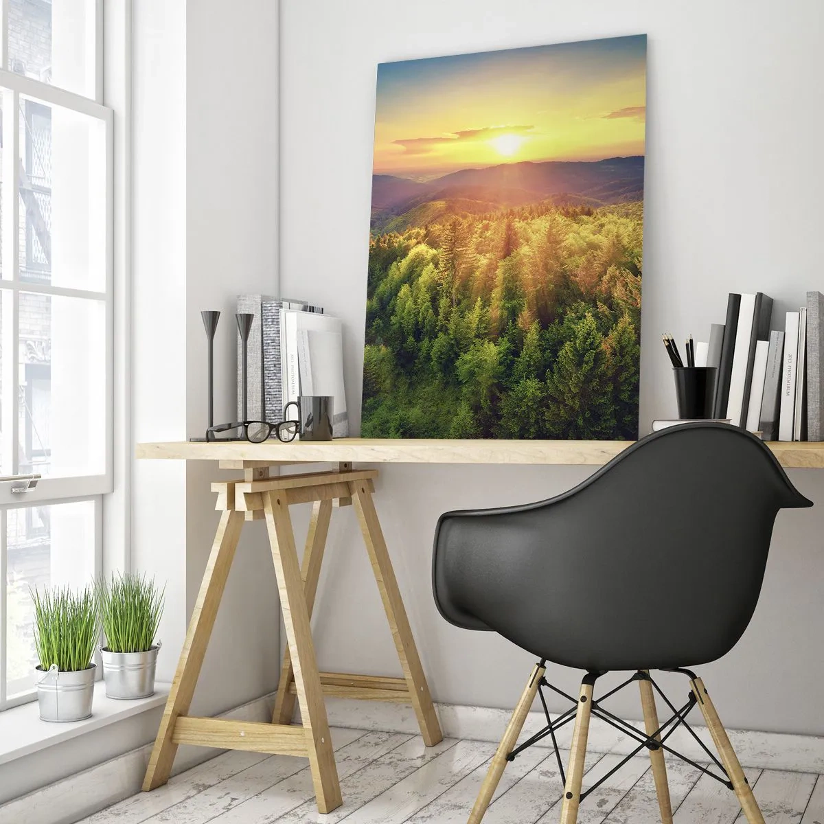 Impression sur verre - Image sur verre - Coucher de soleil sur une forêt de montagne avec vue sur les vallées - 50x70cm - Monts et sommets - Décoration murale moderne pour le salon et la chambre ARTTOR
