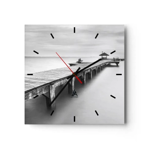 Horloge murale - Pendule murale - Une vue en noir et blanc d'une jetée en bois sur une eau calme. - 30x30cm - À l'horizon - Décoration murale moderne pour le salon et la chambre ARTTOR