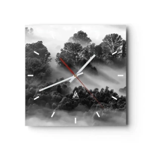 Horloge murale - Pendule murale - Paysage forestier noir et blanc dans le brouillard du matin - 30x30cm - Sortir de son sommeil - Décoration murale moderne pour le salon et la chambre ARTTOR