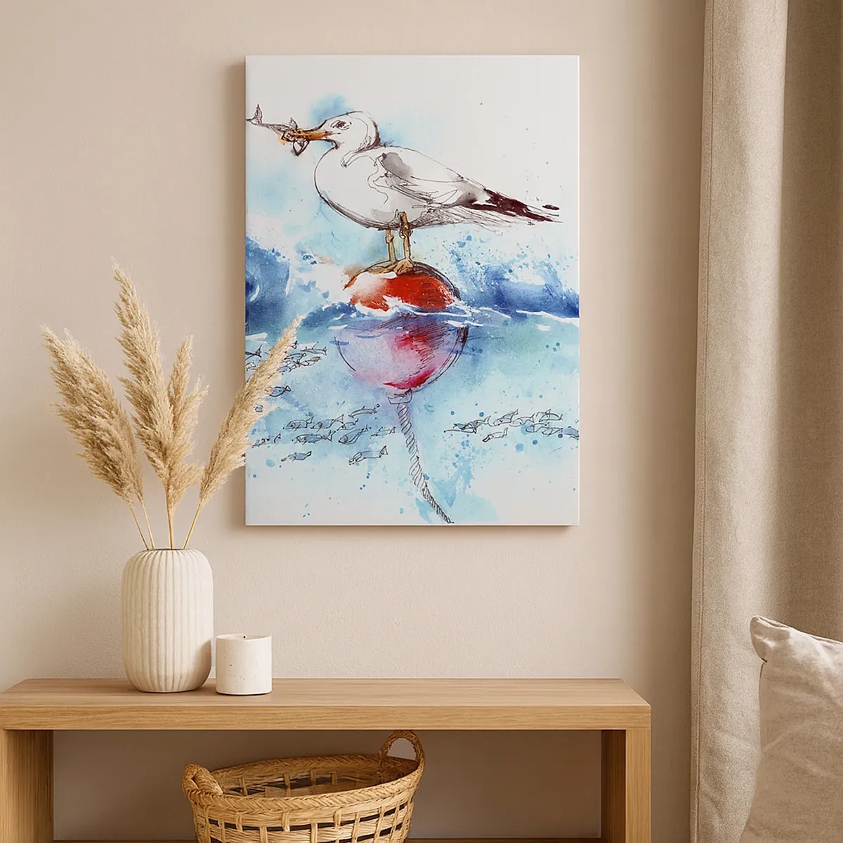 Impression sur toile - Image sur toile - Mouette sur une bouée avec des poissons en arrière-plan dans un style aquarelle - 50x70cm - Prise réussie - Décoration murale moderne pour le salon et la chambre ARTTOR