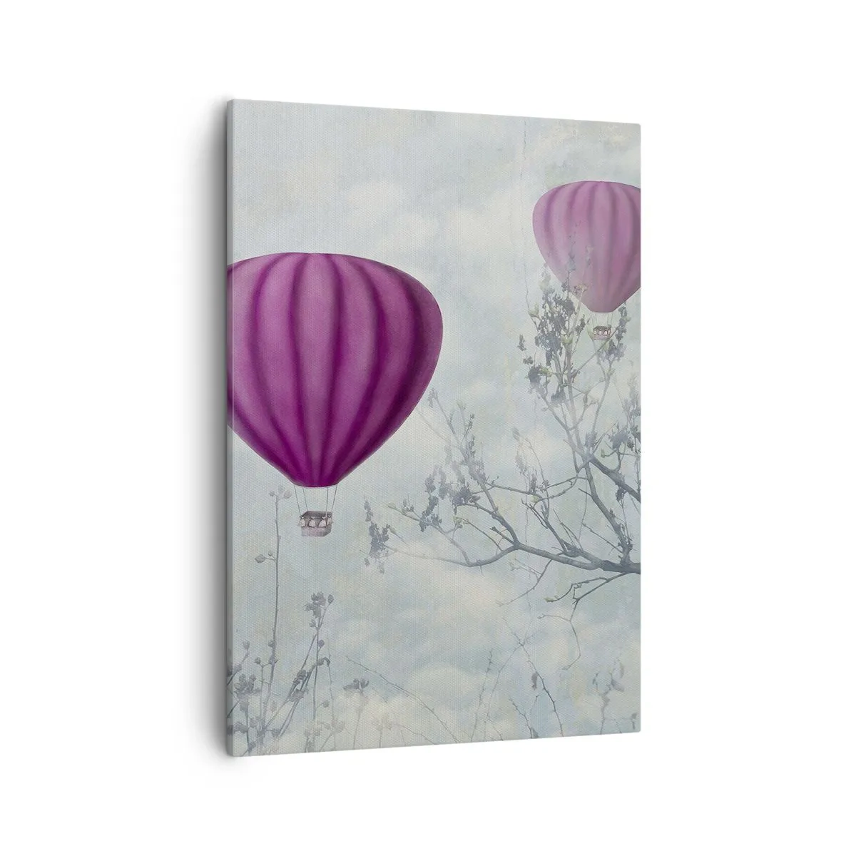 Impression sur toile - Image sur toile - Des ballons violets flottant au-dessus des arbres dans les nuages - 50x70cm - Comme des navires dans le ciel - Décoration murale moderne pour le salon et la chambre ARTTOR