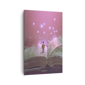 Impression sur toile - Image sur toile - Une silhouette marche sur un livre ouvert dans une lumière magique. - 80x120cm - Invitation à un autre monde - lisez ! - Décoration murale moderne pour le salon et la chambre ARTTOR