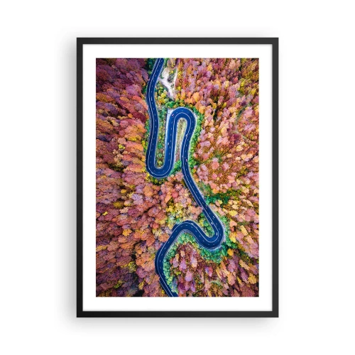 Affiche dans un cadre noir - Poster - Une route sinueuse dans une forêt d'automne vue à vol d'oiseau - 50x70cm - Route sinueuse à travers la forêt - Décoration murale moderne pour le salon et la chambre ARTTOR