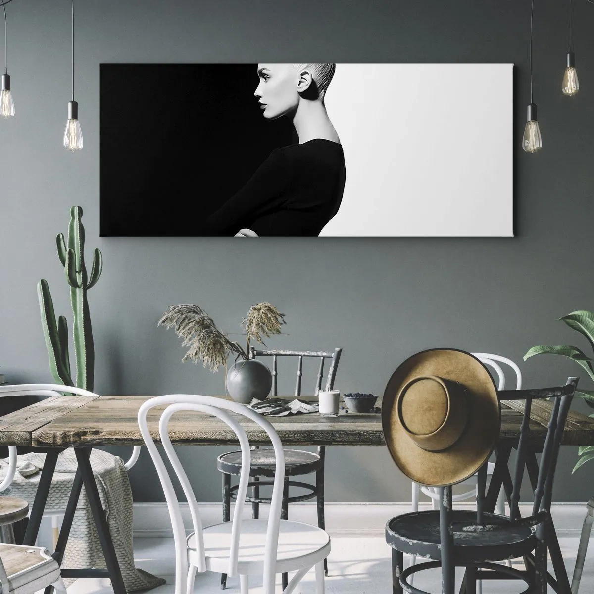 Impression sur toile - Image sur toile - Portrait élégant d'une femme sur fond noir et blanc - 140x50cm - Tout simplement une femme - Décoration murale moderne pour le salon et la chambre ARTTOR