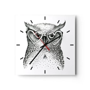 Horloge murale - Pendule murale - Graphique élégant d'un hibou portant des lunettes en forme de cœur - 30x30cm - Sagement et avec amour - Décoration murale moderne pour le salon et la chambre ARTTOR