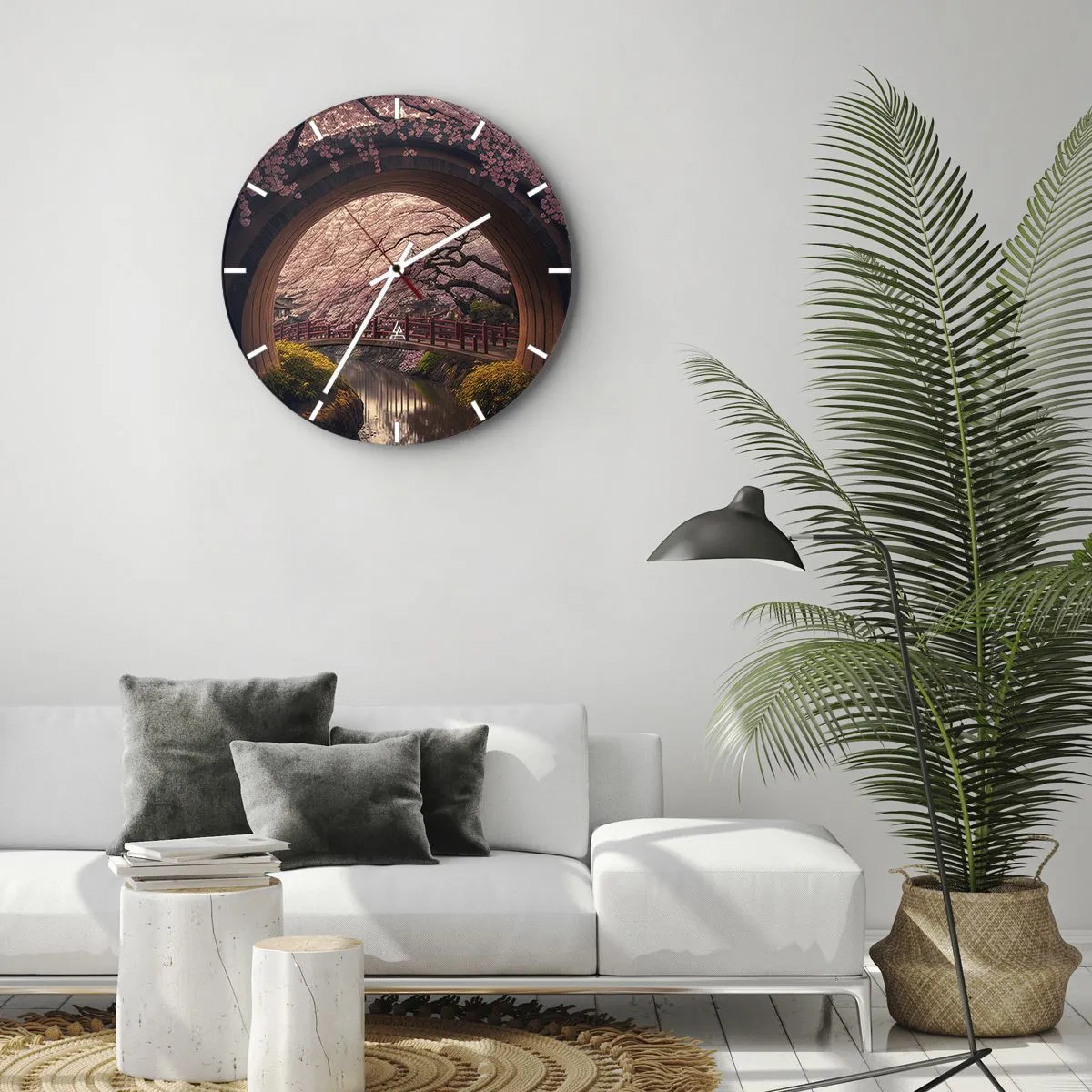 Horloge murale - Pendule murale - Vue du pont de cerisiers en fleurs de style japonais à travers la porte ronde - 30x30cm - Printemps japonais - Décoration murale moderne pour le salon, la cuisine et la chambre ARTTOR