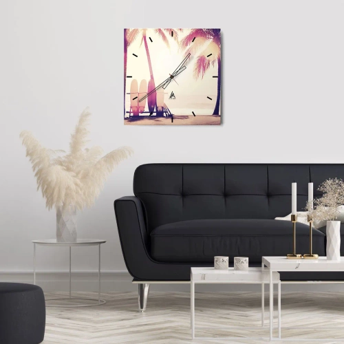 Horloge murale - Pendule murale - Palmiers et planches de surf sur la plage au soleil - 30x30cm - Ca va être une journée magnifique - Décoration murale moderne pour le salon et la chambre ARTTOR