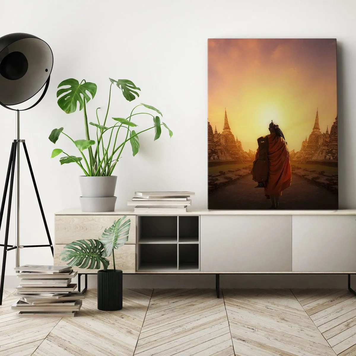 Impression sur toile - Image sur toile - Un moine parmi les temples au coucher du soleil - 70x100cm - En paix pour l'éternité - Décoration murale moderne pour le salon et la chambre ARTTOR