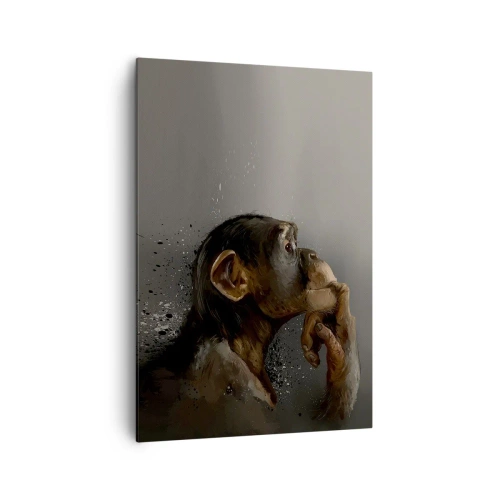 Impression sur toile - Image sur toile - Portrait d'un singe dans une pose réfléchissante sur fond gris - 70x100cm - Certainement un penseur - Décoration murale moderne pour le salon et la chambre ARTTOR