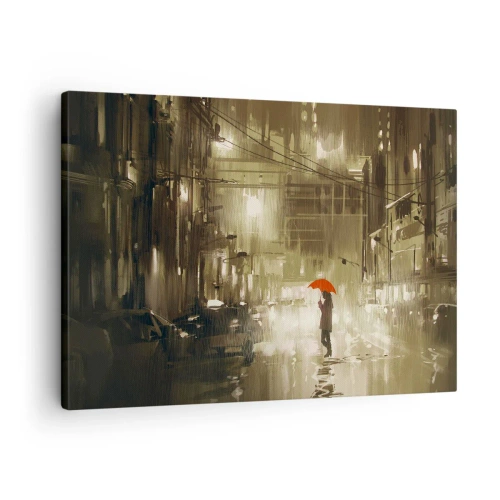 Impression sur toile - Image sur toile - Une silhouette avec un parapluie rouge dans une ville pluvieuse - 70x50cm - Seule mais pas solitaire - Décoration murale moderne pour le salon et la chambre ARTTOR