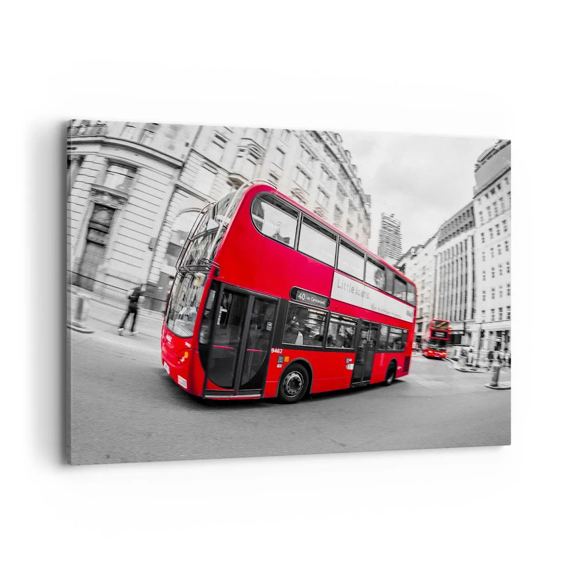 Impression sur toile - Image sur toile - Un bus londonien rouge sur fond de rue noire et blanche - 120x80cm - Londres traditionnellement - en bus - Décoration murale moderne pour le salon et la chambre ARTTOR